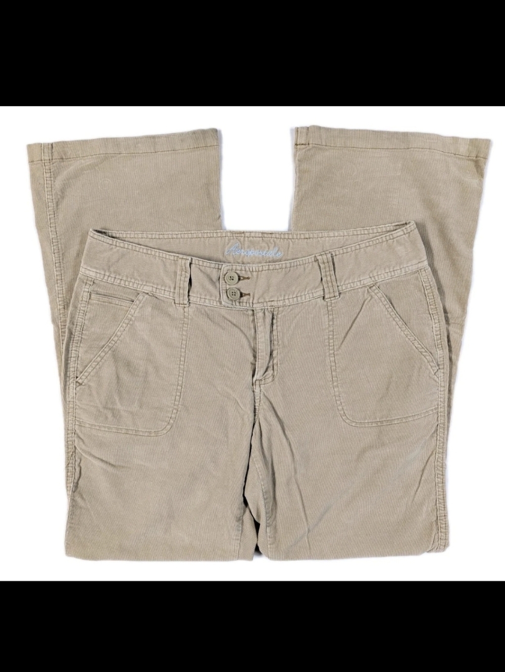 Y2K Aeropostale Womens 11/12 Reg Tan Corduroy Pants Flare Wide Leg Butterfly